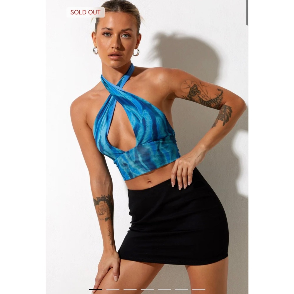 Motel Rocks Kaiya Crop Top Tropical Rave Blue Abstract Mesh Multi Way Halter S